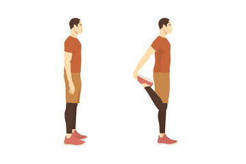 Man bend his knee by grasping the ankle with one hand, moving foot toward his buttocks. Stretch Exercise with Standing Quadriceps Stretch. Illustration about exercise diagram.