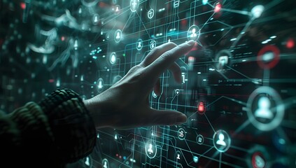 A hand reaches out to touch a futuristic, digital interface filled with glowing nodes and connections. Teal and black color scheme. Abstract technology concept.