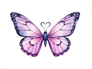 Obraz premium Watercolor painting of purple butterfly heart on white background with 'love' text, purple, heart