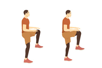 Men doing exercise with High Knee posture. Front one knee lifts to touch a hand and switch like jog on the spot. Cardio exercises at leg muscles and joints.