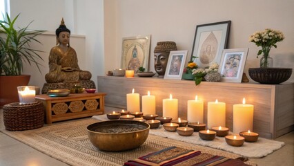 An inviting altar displaying a collection of candles photographs and sacred objects creating a peaceful space for meditation and practice.
