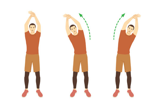 Man doing Standing Side Stretch for Rehabilitation and Flexibility with raise arms overhead and move body into a side bend.