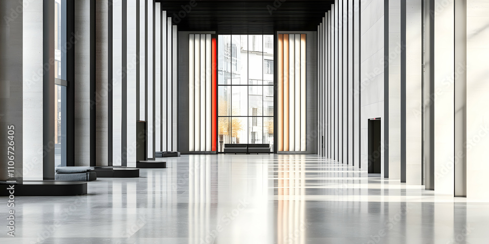 Poster modern building lobby showcasing sleek minimalist design with a large window and subtle lighting, cr