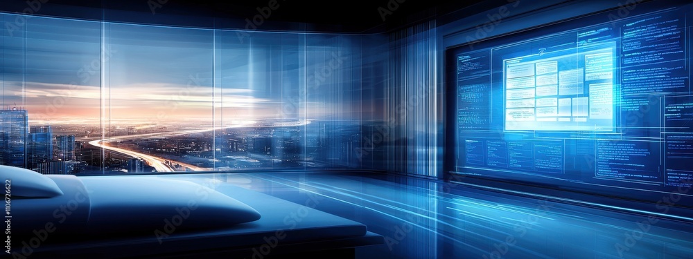 Poster a man is looking at two computer monitors with graphs on them