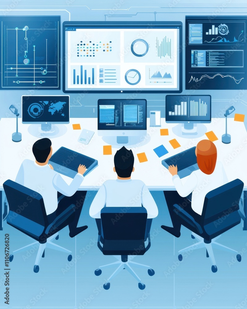 Poster a man is sitting at a desk with a computer monitor and keyboard