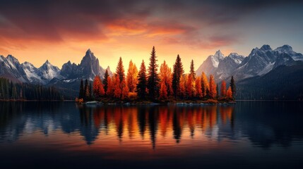 Serene Autumn Landscape at Dusk with Majestic Mountains, Vibrant Trees, and Reflective Lake Surrounded by Breathtaking Natural Beauty