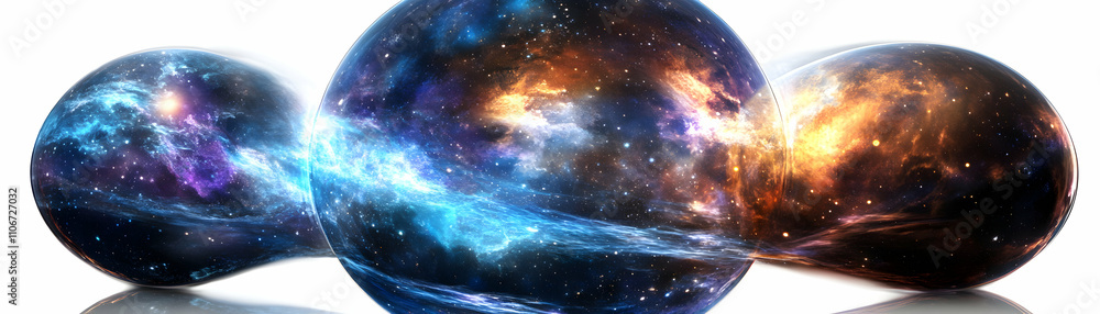 Poster cosmic spheres: a 3d digital art of interconnected galaxies displaying vibrant nebulae and stellar c