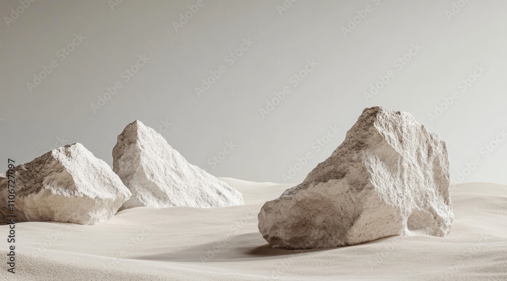 Poster 3d minimalist background with stone display on beige sand dune for cosmetic product presentation