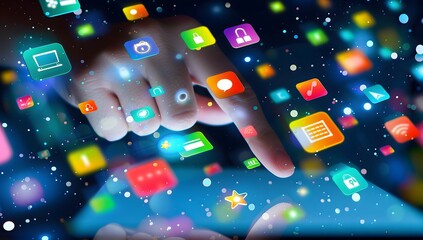 Fingers hover over a screen, interacting with vibrant app icons.  A digital world at your fingertips!