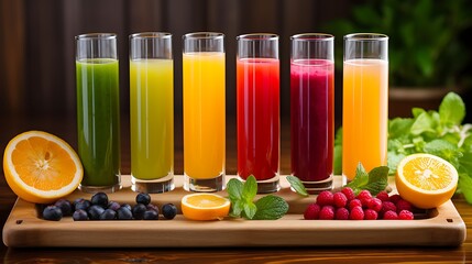 Variety of colorful fruit juices in glasses on a wooden background