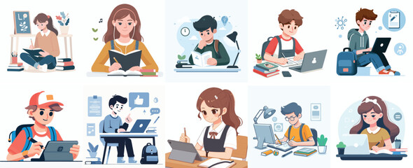 Vector set of a teenager studying in a simple flat design style