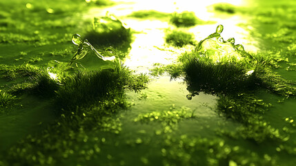 Fototapeta premium 3D Render of Green Liquid Splashes on Lush Grass, Abstract Nature Background
