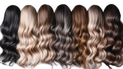 Diverse range of comprehensive hair extensions for professional use, including color toning examples.