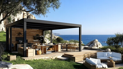 Obraz premium Coastal Outdoor Kitchen Design: 3D Render of a Modern Pergola with Ocean View
