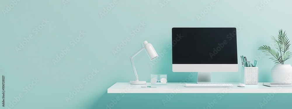 Poster a computer monitor with a blue screen showing a network of blue dots