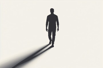 Obraz premium silhouette of a walking man with a long shadow is depicted against a white background.