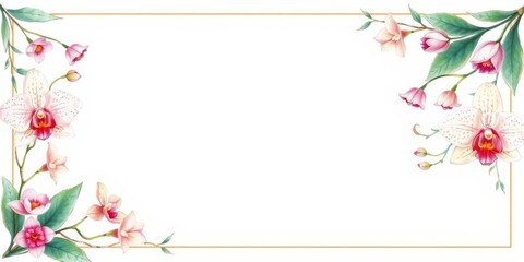 Fototapeta premium Wide vintage paper journal with empty space in the middle, adorned with watercolor blooming orchids flowers and leaf border frame, Vintage, blooming orchids