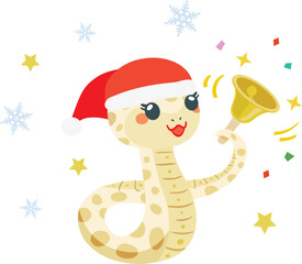 クリスマスセールにハンドベルを持つかわいい蛇のイラスト