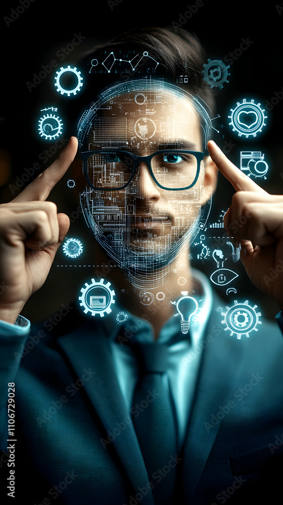 Poster digital overlay. man interacts with futuristic interface