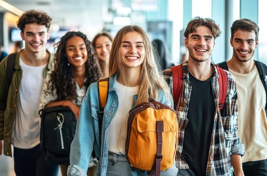 Diverse group of young adults traveling together at airport terminal ready for summer vacation