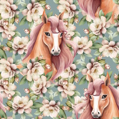 Hand drawn cute seamless pattern illustration with horses and delicate flowers. © Gribanessa