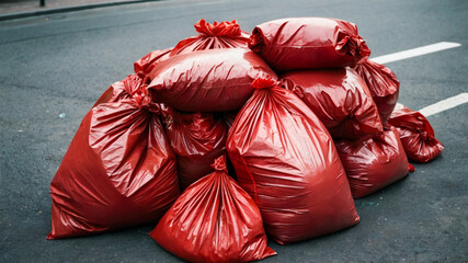 Pile of red garbage bags on the street. Pollution concept