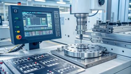 CNC machine operates in modern factory, showcasing precision engineering and advanced technology in metalworking. control panel displays data for efficient manufacturing