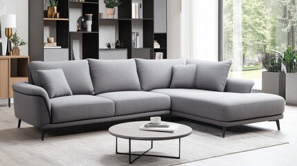 Bright Living Room with Grey Sofa and Modern Decor