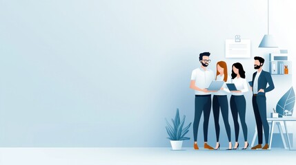 A group of four people standing in front of a white wall