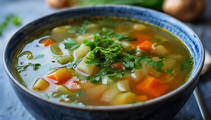 a bowl of vegetable soup with herbs
