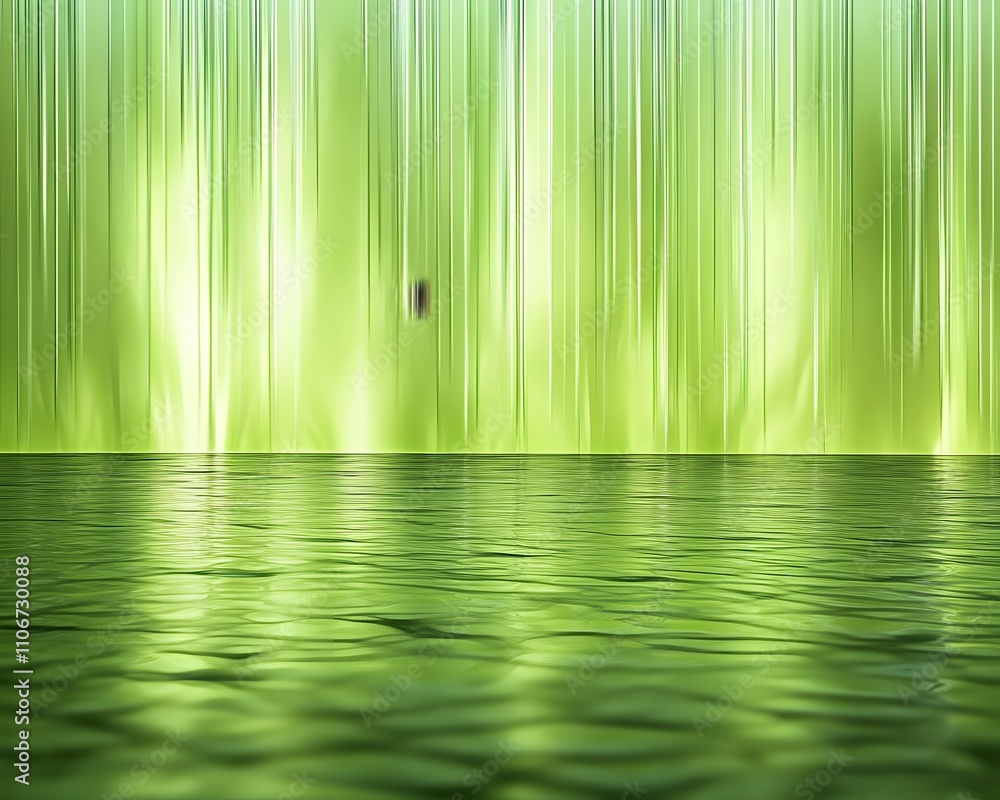 Poster a serene green backdrop with reflective water, creating a tranquil and abstract atmosphere.