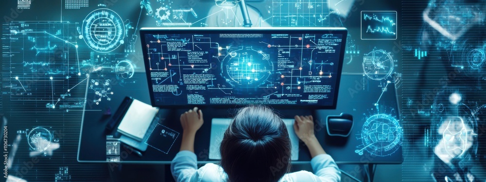 Poster a person is pointing at a computer screen with a blue background