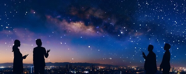 Obraz premium Silhouetted figures against a starry night city backdrop