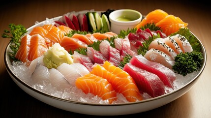 A tantalizing platter of sushi sashimi featuring slices of fresh tuna, salmon, and yellowtail