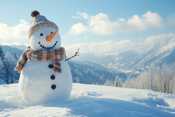 Obraz premium Panoramic view of happy snowman in winter secenery with copy space with generative ai