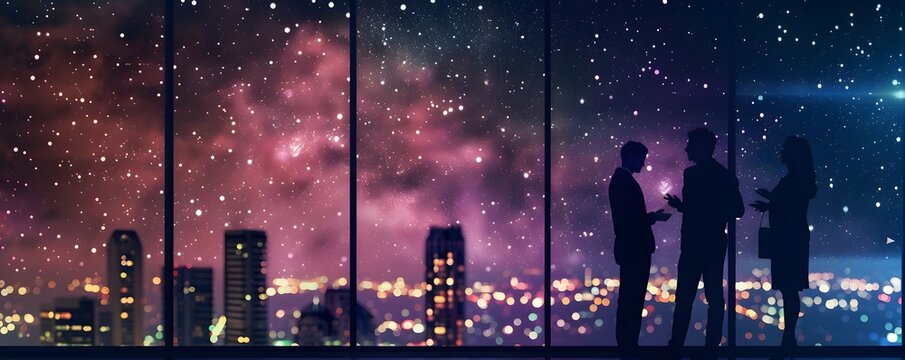 Silhouetted Business People Conversing Against Night Cityscape