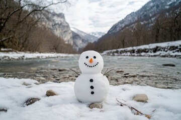 Obraz premium Panoramic view of happy snowman in winter secenery with copy space with generative ai