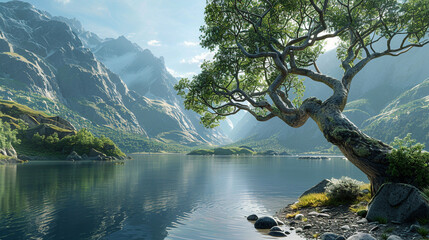 A tree at the edge of a mountain lake, with its branches reaching out over the water. The surrounding peaks and serene atmosphere offer a stunning natural vista.