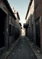 Daylight shining down on a narrow street in town with windows and doors