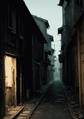Fototapeta premium Welcoming light near the alley, with narrow streets and foggy morning weather