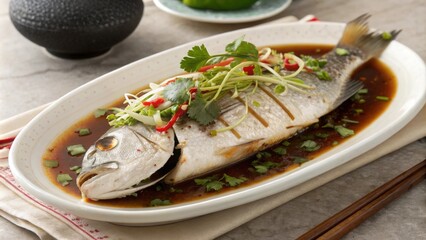 Whole Fish A beautifully steamed whole fish garnished with finely chopped cilantro spring onions and a drizzle of soy sauce. The fish is presented on an elegant serving dish with