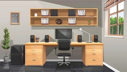 Modern home office workspace with wooden desk, computer, and bookshelf.