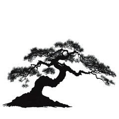 Naklejka premium A bonsai tree silhouette, zen style, intricate branching, black ink graphic, isolated on white background 