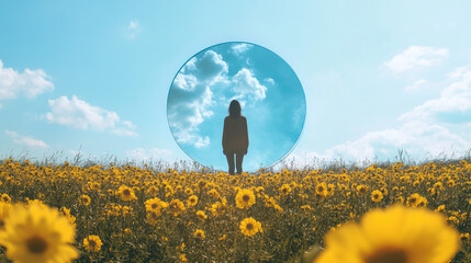 A woman stands in the middle of a field full of yellow flowers. A blue circle is placed on top, and she stands inside it. The sky can be seen through the circle. This is in the style of panoramic phot