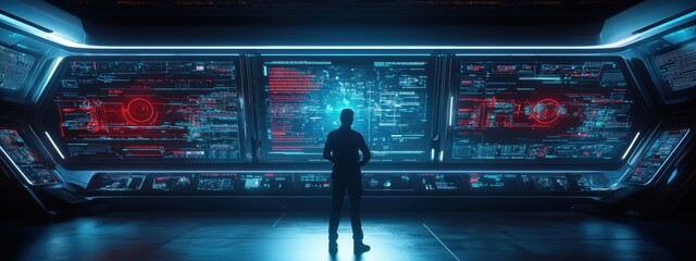 Obraz premium A man wearing headphones is sitting in front of a computer