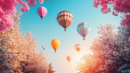 Obraz premium Colorful Hot Air Balloons Over Blossoming Trees