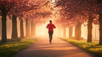 Fototapeta premium Jogger Running Through Blossom-Lined Park Path