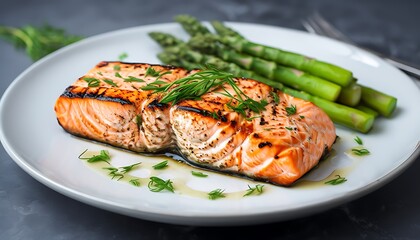 a plate of grilled salmon with asparagus
