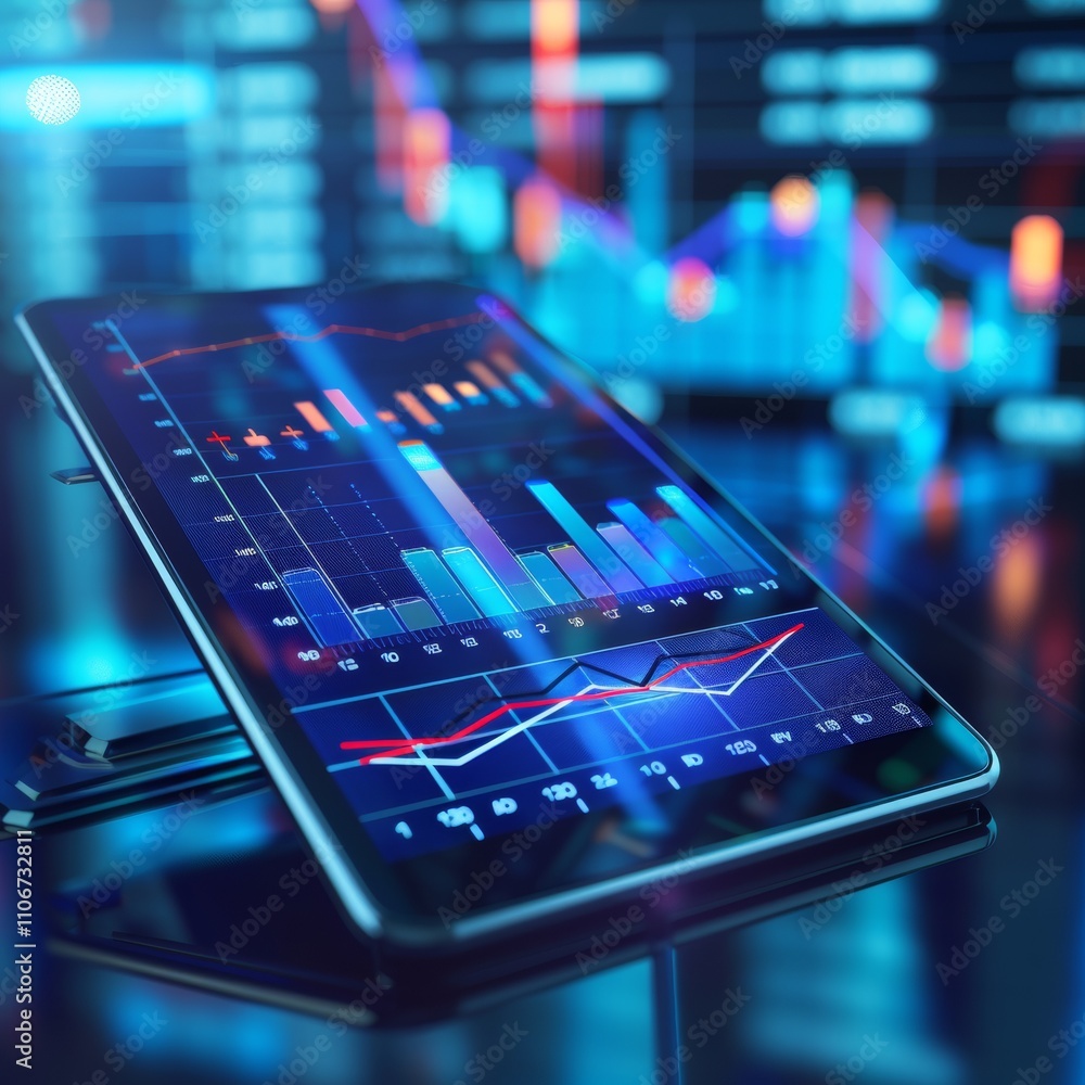 Poster financial data analysis on digital tablet screen displaying charts and graphs of market trends and b