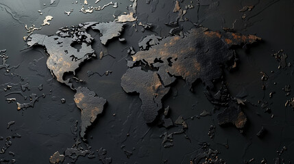 Metallic 3D world map against a black background.